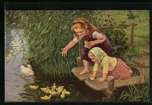 Künstler-AK Degi Nr. 1158: Jugend vom Lande, Mädchen füttern Enten, Ölgemälde-Imitations-AK