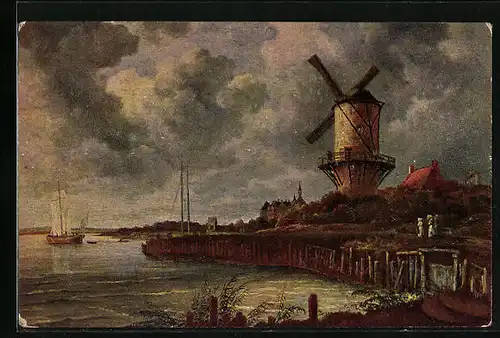 Künstler-AK Degi Nr. 1095: Mühle am Wyk, Flusspartie mit Windmühle, Ölgemälde-Imitations-AK