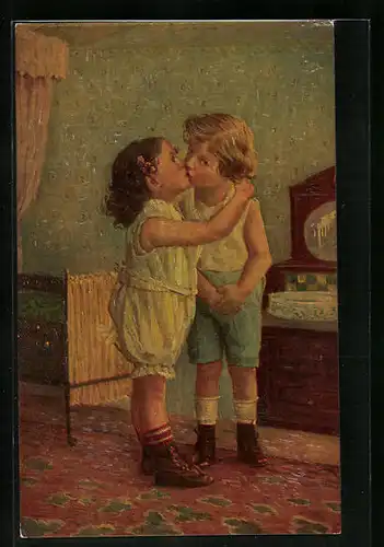 Künstler-AK Degi Nr. 1041: Der erste Kuss, Mädchen und Junge küssen sich, Ölgemälde-Imitations-AK
