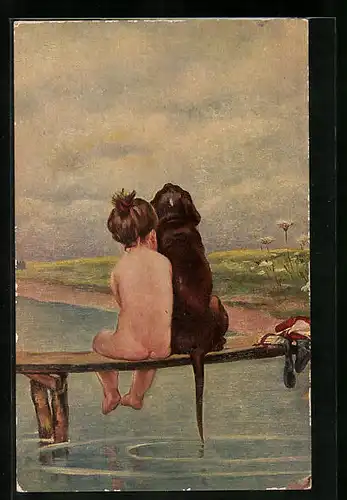 Künstler-AK Degi Nr. 931: Kind und Hund sitzen zusammen am Wasser, Freunde, Ölgemälde-Imitations-AK