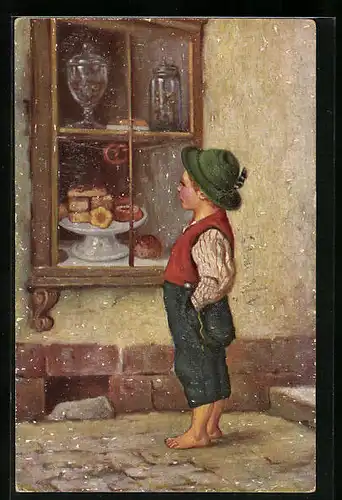 Künstler-AK Degi Nr. 1175: Junge betrachtet den Kuchen im Schaufenster, In Versuchung, Ölgemälde-Imitations-AK
