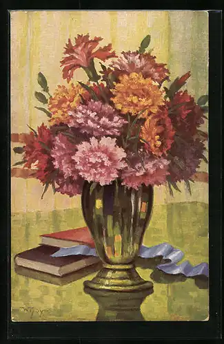Künstler-AK Degi Nr. 1306: Nelken in der Vase, Ölgemälde-Imitations-AK