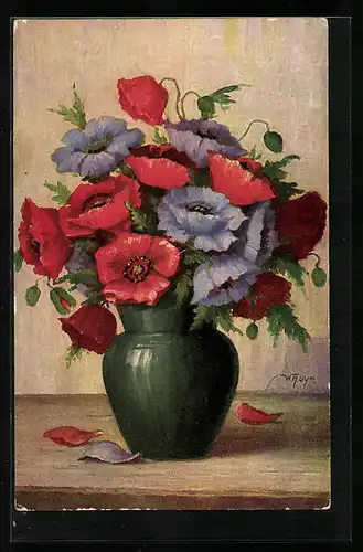 Künstler-AK Degi Nr. 1304: Vase mit Mohn, Ölgemälde-Imitations-AK