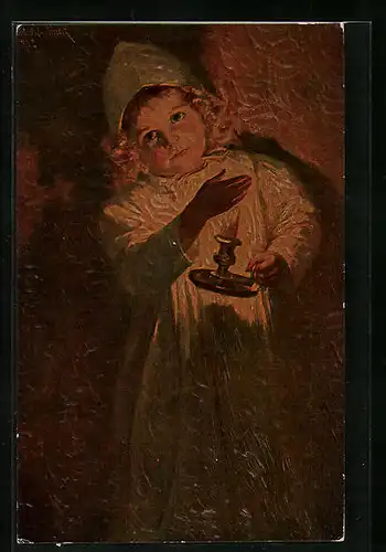 Künstler-AK Degi Nr. 511: Der Sandmann kommt, Mädchen im Nachtkleid mit Kerze in der Hand, Ölgemälde-Imitations-AK