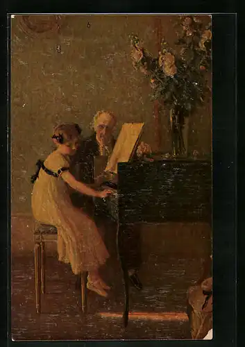 Künstler-AK Degi Nr. 516: Klavierstunde, Mädchen mit seinem Lehrer am Klavier, Ölgemälde-Imitations-AK