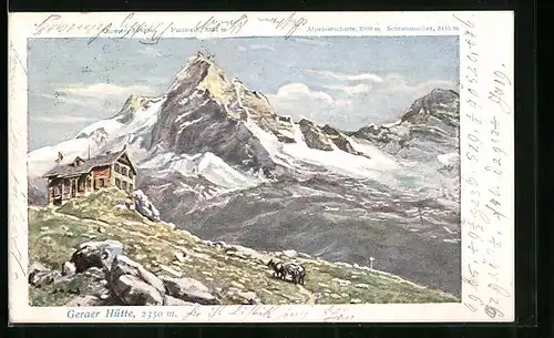 AK Geraer Hütte, Berghütte mit Blick auf Olperer, Fussstein und Schrammacher
