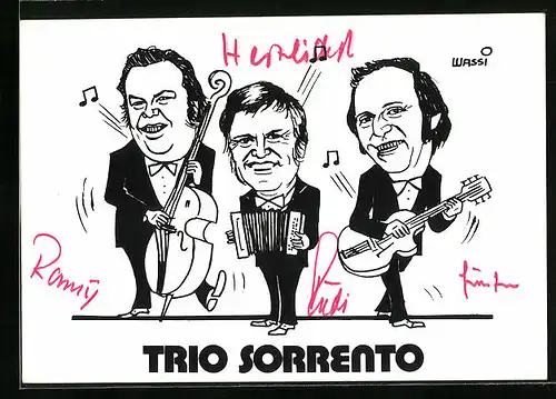 AK Musikgruppe Trio Sorrento mit ihren Instrumenten, Autograph