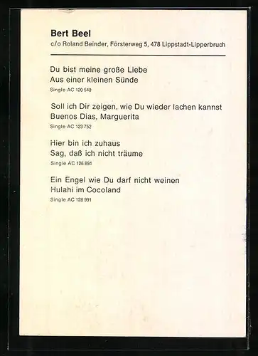 AK Musiker Bert Beel mit jungenhaftem Charme, Autograph