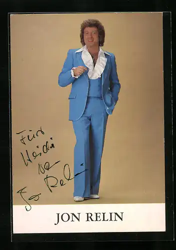 AK Musiker Jon Relin im blauen Anzug, Autograph
