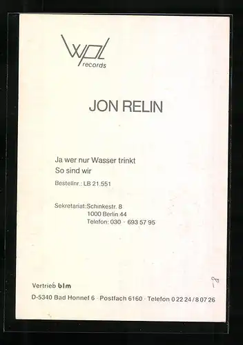 AK Musiker Jon Relin im blauen Anzug, Autograph