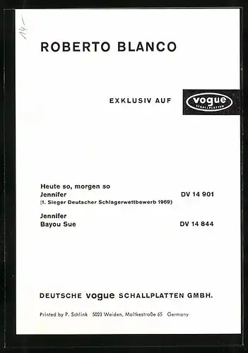 AK Musiker Roberto Blanco blickt lächelnd in die Ferne, Autograph