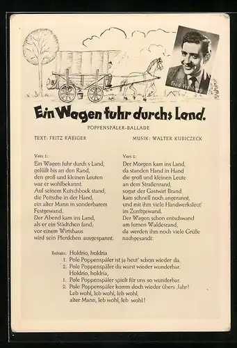 AK Musiker Fred Frohberg mit fröhlichem Lächeln, Liedtext Ein Wagen fuhr durchs Land