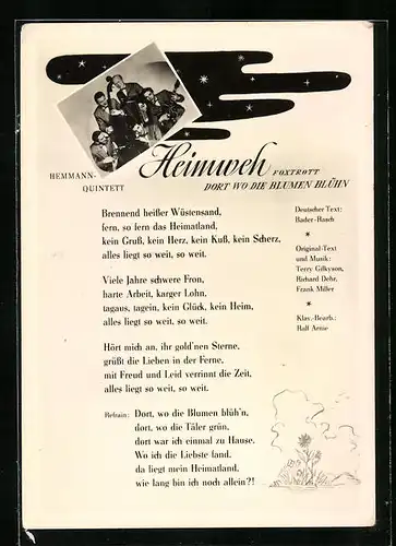 AK Musikgruppe Hemmann-Quintett mit ihren Instrumenten, Liedtext  Heimweh