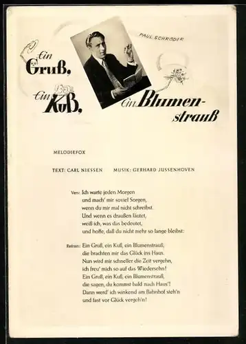 AK Musiker Paul Schröder bei der Lektüre, Liedtext Ein Gruss, Ein Kuss, Ein Blumenstrauss