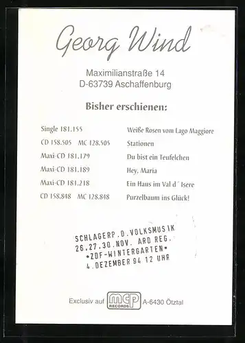 AK Musiker Georg Wind mit strahlendem Lächeln, Autograph