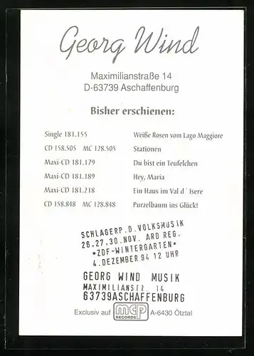 AK Musiker Georg Wind mit strahlendem Lächeln, Autograph