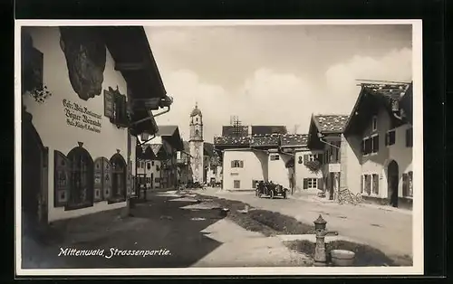 AK Mittenwald, Strassenpartie mit Café-Restaurant Bozner Weinstube