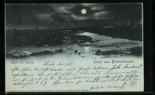 Mondschein-AK Bremerhaven, Rhede bei Sturm