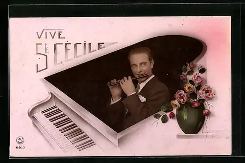 Foto-AK P. C. Paris: Vive Ste Cecile, Herr spielt Flöte in einem Klavier