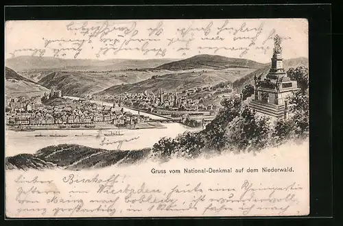 AK Rüdesheim, Nationaldenkmal auf dem Niederwald mit Stadtblick