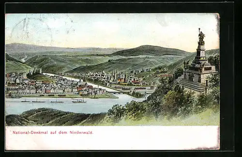 AK Rüdesheim, Nationaldenkmal auf dem Niederwald mit Stadtblick