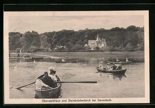 AK Darmstadt, Ruderpartie auf dem Steinbrückerteich, Oberwaldhaus