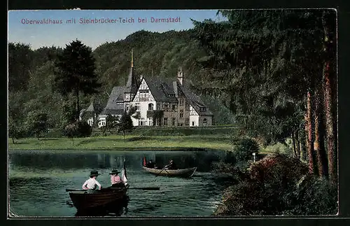 AK Darmstadt, Oberwaldhaus und Ruderpartie auf dem Steinbrücker-Teich
