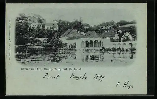 Mondschein-AK Kremsmünster, Guntherteich mit Denkmal
