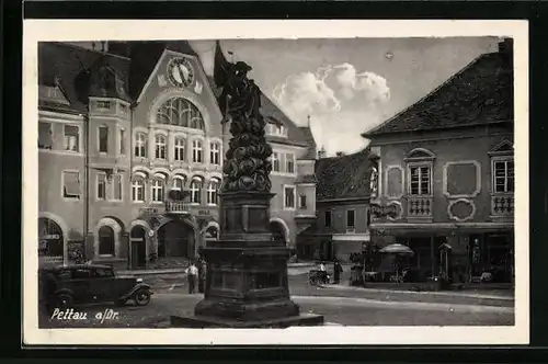 AK Pettau a. Dr., Platz mit Denkmal, Mestni Urad