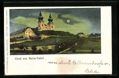 AK Maria-Taferl, Wallfahrtskirche bei Mondschein