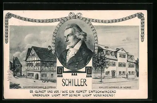 AK Marbach, Schiller`s Geburtshaus und Schiller`s Wohnhaus in Weimar