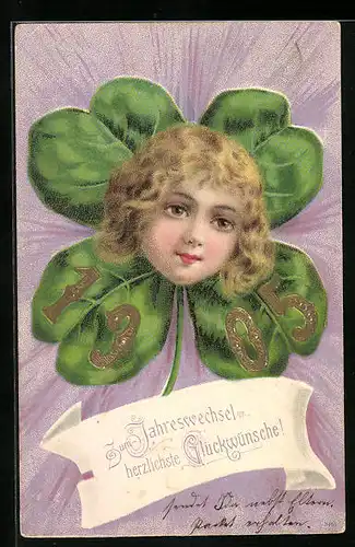 Präge-AK Mädchenkopf auf Kleeblatt, Jahreszahl 1905