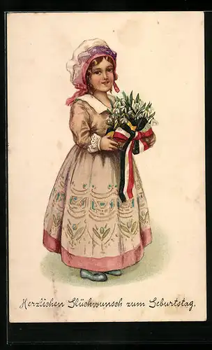 AK Mädchen mit Blumenstrauss zum Geburtstag