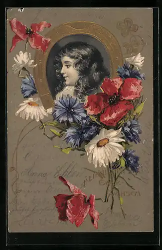 Präge-AK Hufeisen mit verschiedenen Blumen