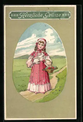 Präge-AK Mädchen mit Osterhase im Grünen