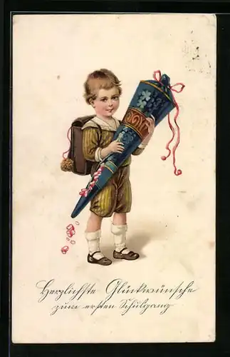 AK Knabe mit Zuckertüte zum Schulanfang