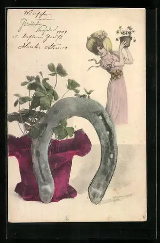 AK Hufeisen mit Kleeblättern im Topf