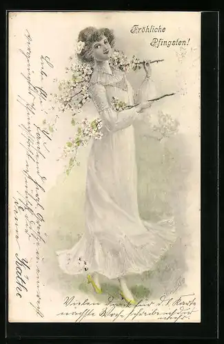 AK Dame mit blühenden Zweigen, Pfingsten
