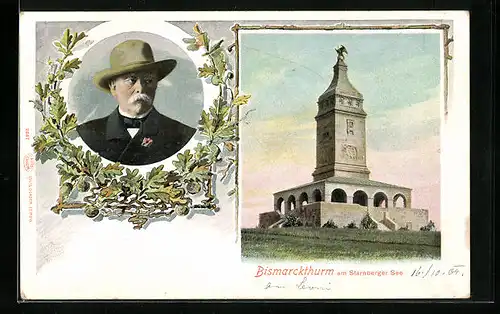 AK Starnberg, Bismarckturm und Portrait v. Bismarck