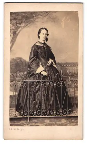 Fotografie F. Brandseph, Stuttgart, Portrait Luise Strobel im seidenen Biedermeierkleid vor einer Studiokulisse