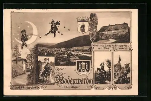 AK Freiherr von Münchhausen: Geburtshaus in Bodenwerder, Ritt auf der Kanonenkugel