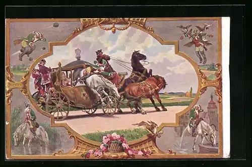 Künstler-AK Münchhausen, Kutschenszene, Ritt auf der Kanonenkugel