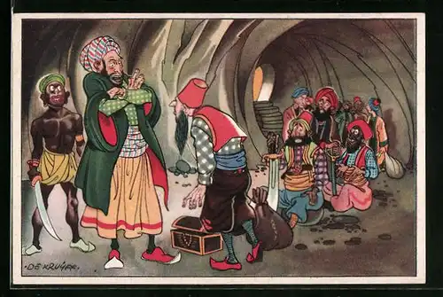 Künstler-AK Alibaba und die vierzig Räuber, Übergabe des Schatzes in der Höhle