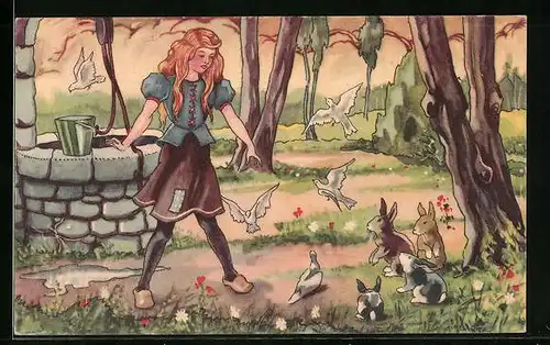 Künstler-AK Aschenputtel, Brunnenszene mit Tauben und Hasen
