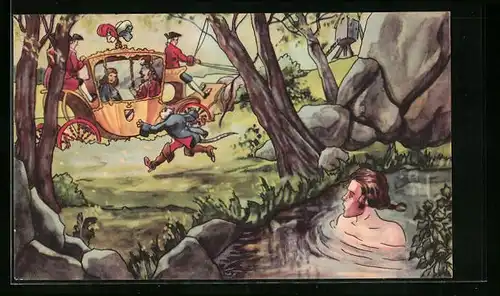 Künstler-AK Der gestiefelte Kater, Badeszene mit königlicher Kutsche