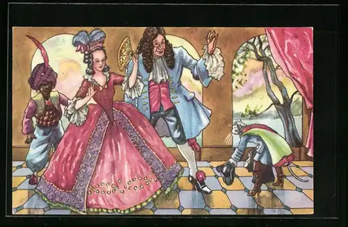 Künstler-AK Der gestiefelte Kater, Ballszene: Kater bringt Geschenke