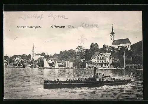 AK Attersee, Dampfer vor dem Ort