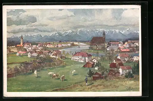 Künstler-AK Oberndorf, Ortsansicht mit Laufen