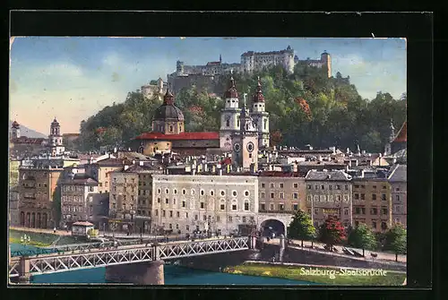 AK Salzburg, Staatsbrücke mit Burg