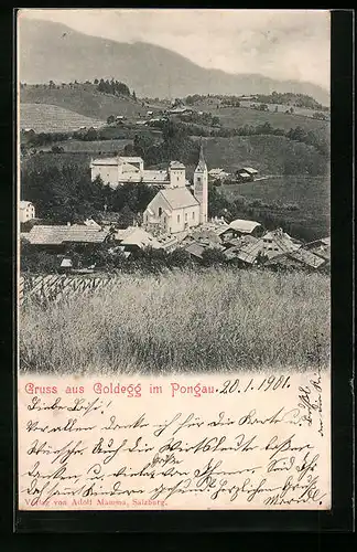 AK Goldegg, Ortsansicht mit Kirche und Umgebung